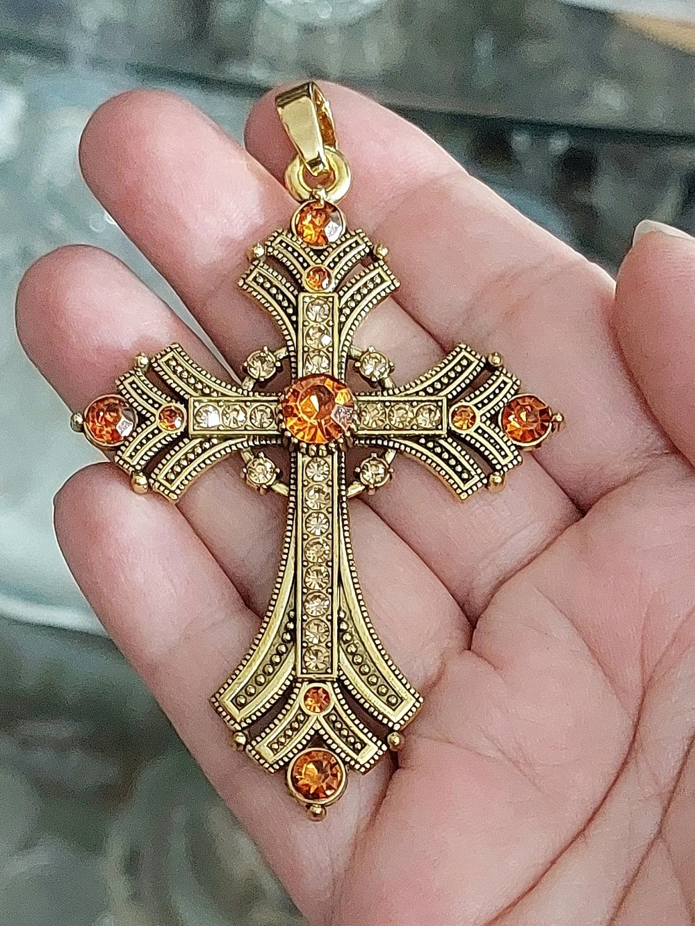 Gold-Tone Amber Accents Cross Necklace Pendant - Womans Jewelry